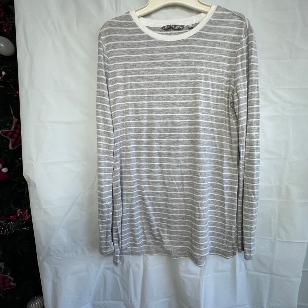Athleta Gray & White Striped Crewneck Pullover Lightweight Long Sleeve Top XSP